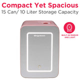 Frigidaire 15 Can/10 Liter Beauty Lighted Mirror Mini Personal Fridge Cooler, Pink