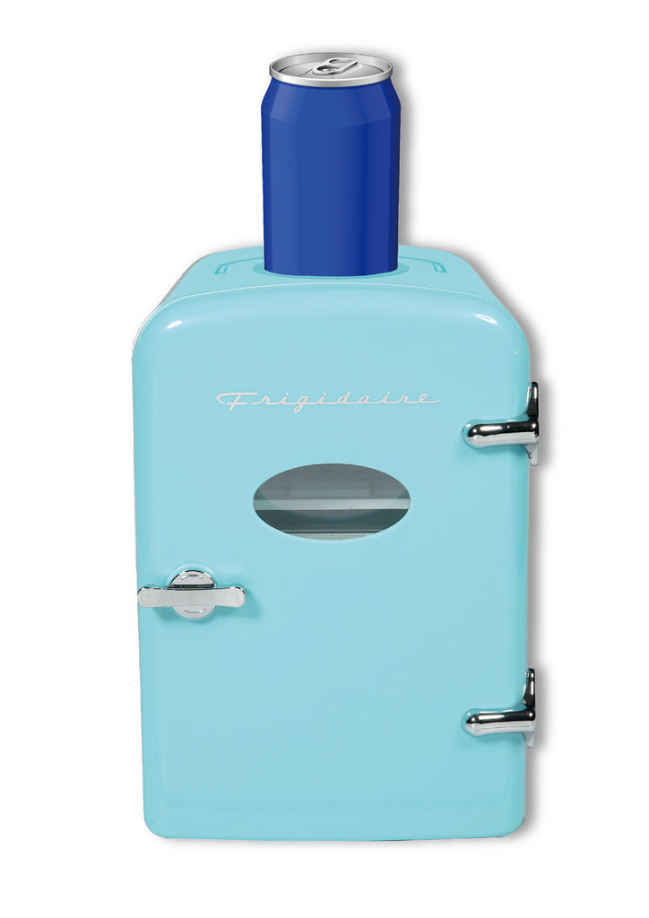 Frigidaire 6 +1 Can Mini Personal Fridge Cooler, With Cooling Can Holder On Top, Blue