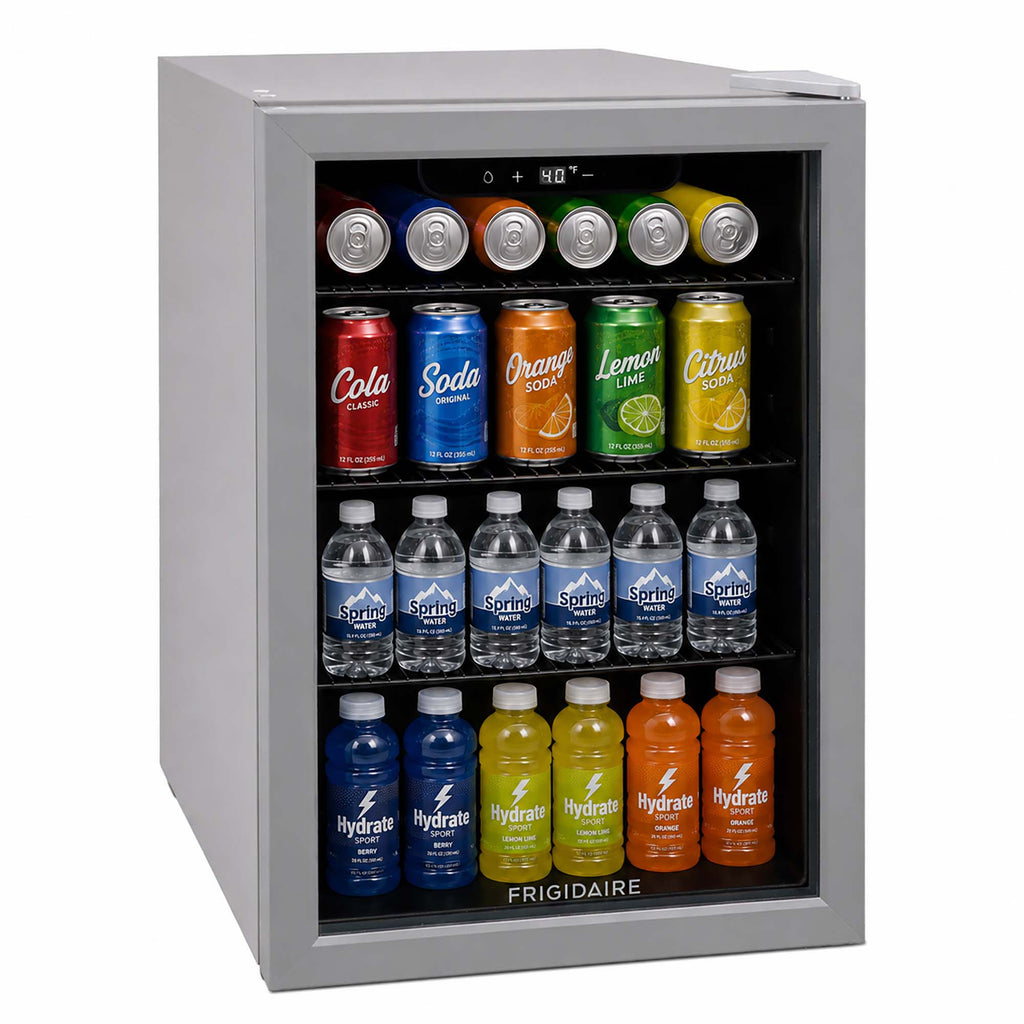 Frigidaire 88 Can/25 Bottle, 2.6 Cu. Ft. Wine/Beverage Center, Glass Door, Grey
