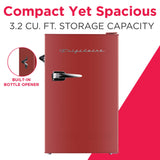 Frigidaire, 3.2 Cu. Ft. Retro Compact Refrigerator, Built-In Side Bottle Opener, Red