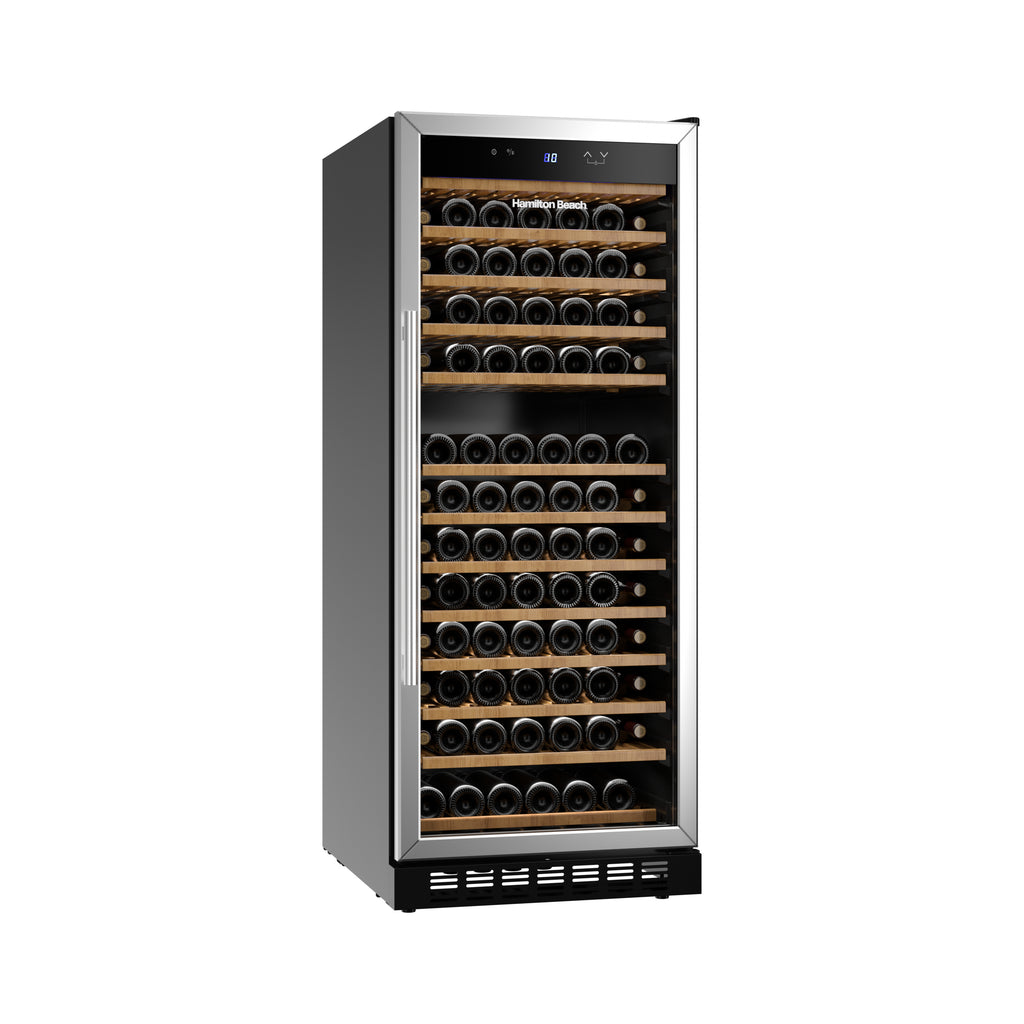 Hamilton Beach, 155 Bottle Built-In Or Freestanding Wine Fridge, Glass Door, Wooden Shelves, Stainless Steel