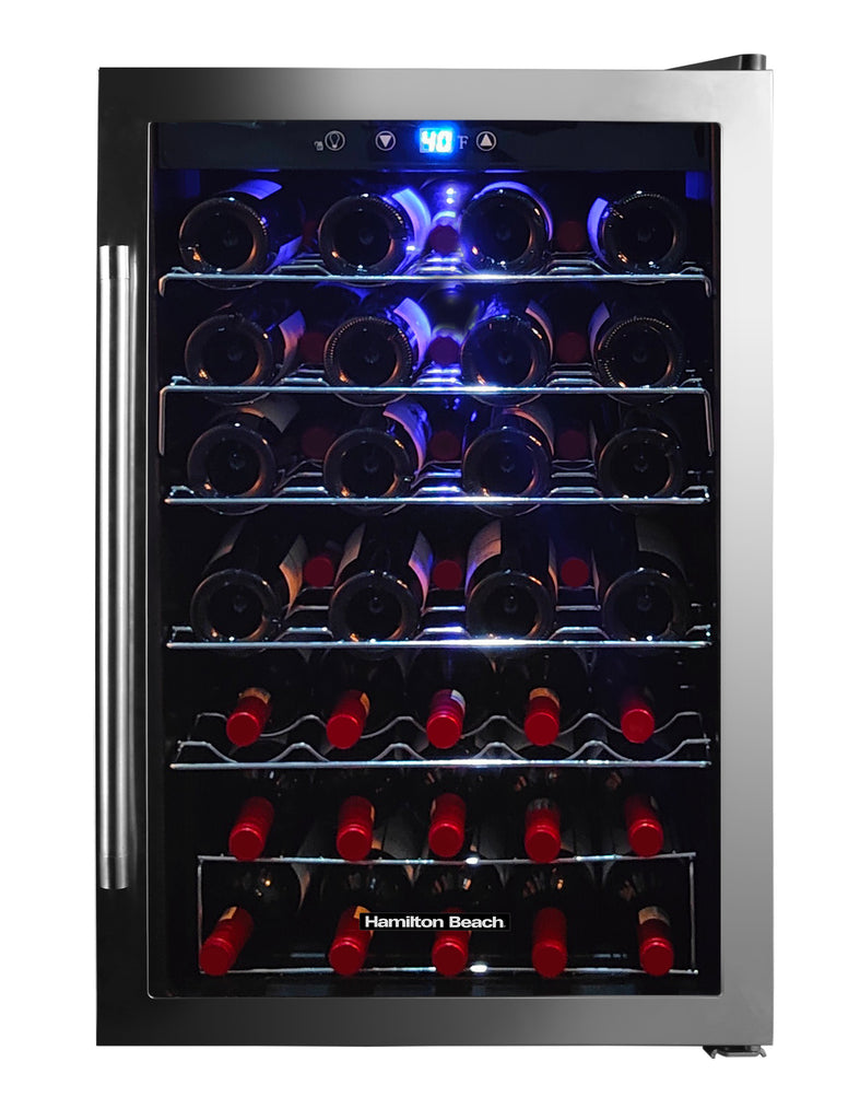 Hamilton Beach, 43 Bottle, Curved Shelves, Wine Fridge, Glass Door, Wooden Shelves, Stainless Steel