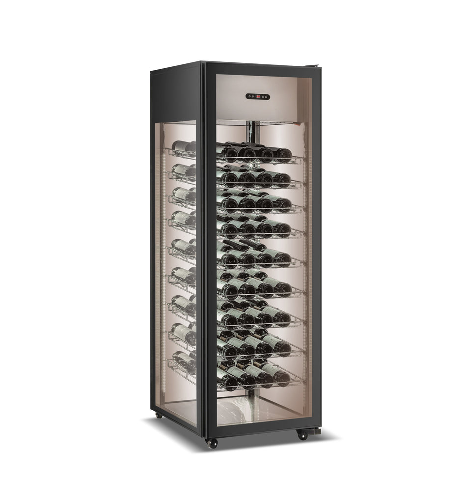 Hamilton Beach, 81 Bottle Freestanding Wine Fridge, 4 Sided All Glass Door, Wire Shelves, Black
