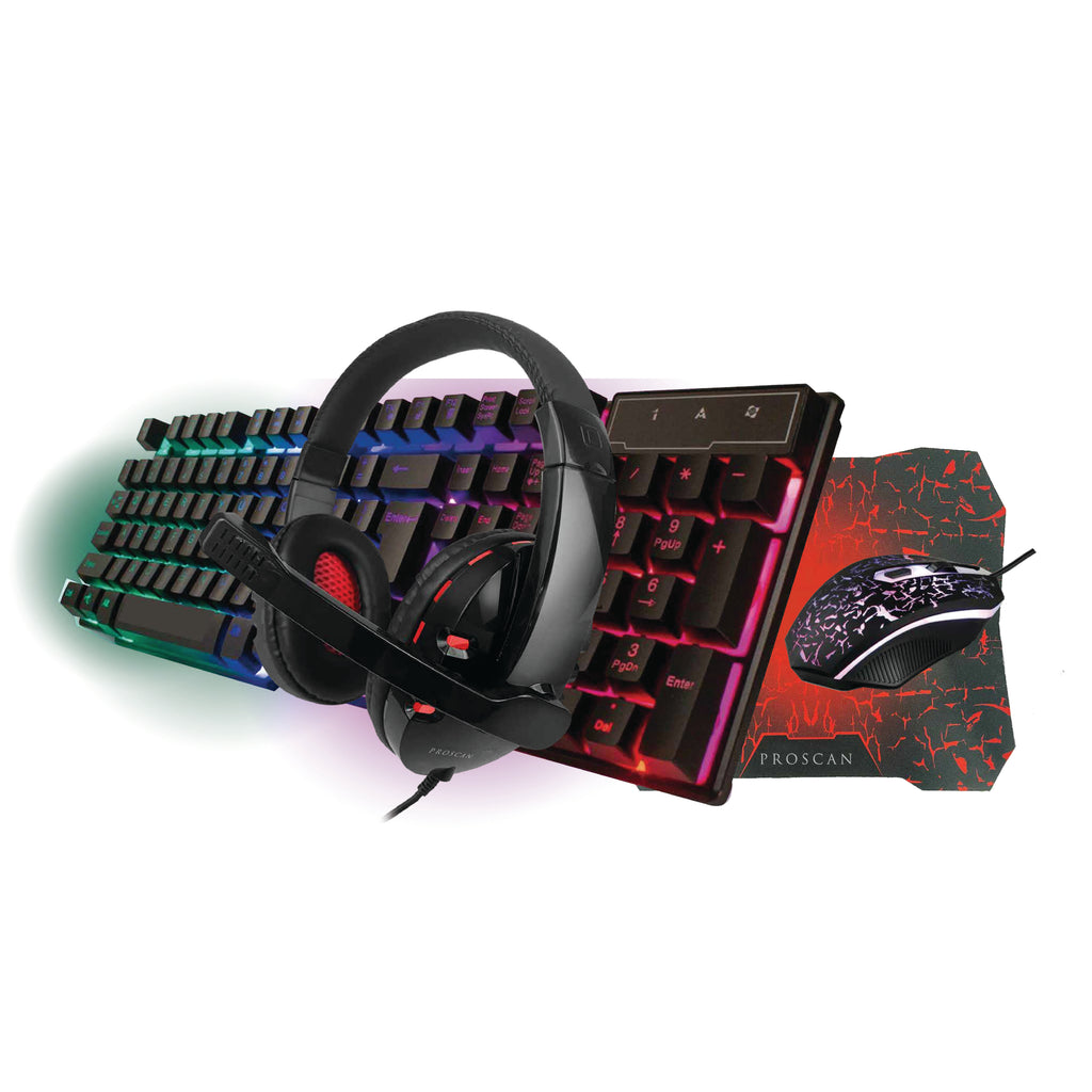 Proscan, 4 In 1 Gaming Set, Includes:Light Up Keyboard,Light Up Mouse,Headset With Mic,Mouse Pad, Black